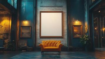 Elegant Vintage Loft Interior with Empty Frame and Mustard Sofa photo