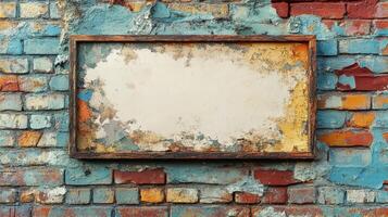 Aged Rustic Wooden Frame on a Weathered Brick Wall with Peeling Paint photo