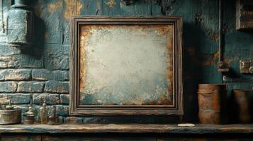 Rustic Vintage Wooden Frame Against Weathered Brick Wall photo