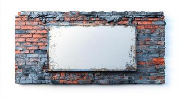 Vintage Rustic Wooden Frame on a Weathered Brick Wall with Textured Details photo