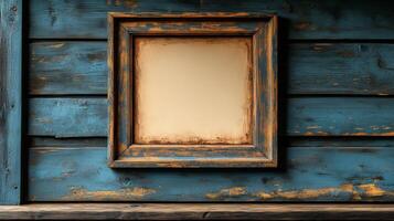 Rustic Wooden Frame on Weathered Teal Wall photo