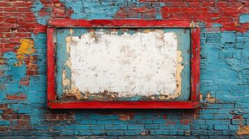 Vintage Red Frame on Weathered Brick Wall photo