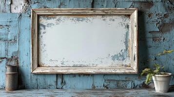 Vintage Rustic White Frame on Weathered Blue Wall photo