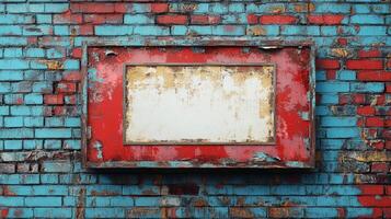 Rustic Red and Blue Brick Wall with Weathered Sign photo