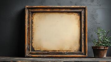 Rustic Wooden Frame with Beige Insert and Potted Plant photo