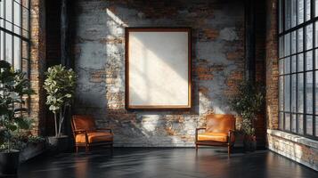Sunlit Loft Interior with Empty Canvas and Leather Chairs photo