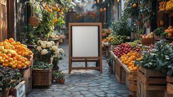 Vibrant Fruit Market Alleyway, A Sunlit Scene of Fresh Produce and Rustic Charm photo