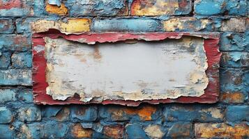 Rustic Weathered Sign on Aged Brick Wall photo