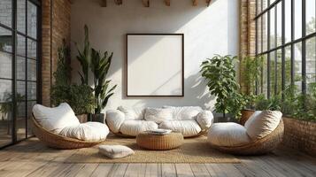 Relaxing Bohemian Living Room Interior Design with Large Windows and Plants photo