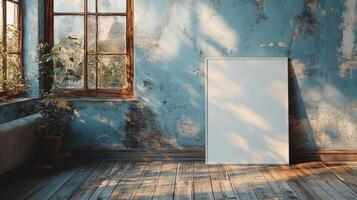 Empty Frame in Rustic Room with Sunlit Window photo
