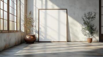 Serene Minimalist Interior Design with Blank Canvas and Plants photo