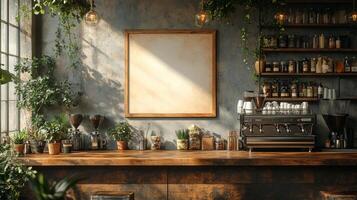 Rustic Coffee Shop Interior Design with Plants and Vintage Espresso Machine photo