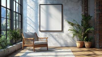 Modern Loft Interior Design, Sunlit Room with Comfortable Chair and Blank Canvas photo