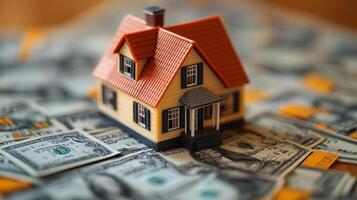 House Model on Dollar Bills, Illustrating Real Estate Costs and Homeownership photo