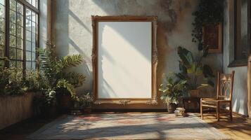 Sunlit Interior with Large Ornate Frame and Lush Greenery photo