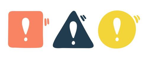 Doodle exclamation mark, notification bell, alert danger information color sign set. Scribble hand drawn doodle exclamation point, stop warning sign in circle, triangle, square form vector
