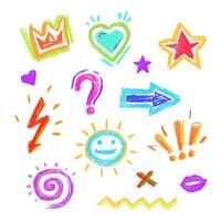 Doodle modern design element. Color pencil art. Heart, arrow, star, smile. Sketching. Graffiti drawing vector