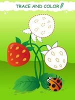 Trace and color. Writing practice. Strawberry with ladybug. Drawing lessons. Preschool education. Kids game. Coloring page vector
