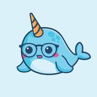 Cute narwhal with glasses and horn on blue background vector