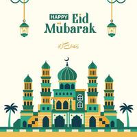 Ramadan greetings with classic mosque background in the middle of the desert, Ramadan Kareem, square green poster for Eid al-Fitr vector