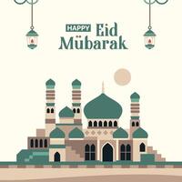 Ramadan greetings with minimalist mosque background in the middle of the desert, Ramadan Kareem, green square poster for Eid al-Fitr vector
