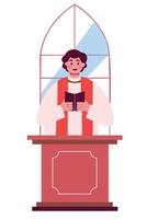 Priest reading from the bible in a church, standing at the altar with stained glass window in the background vector