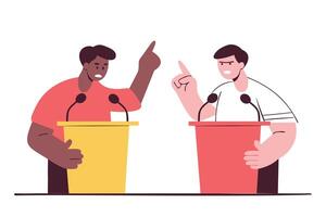 Heated debate between two speakers at podiums, passionately arguing with intense expressions, capturing a moment of conflict vector