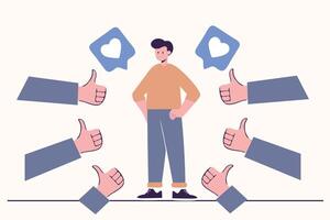 Man surrounded by thumbs up and likes, symbolizing success and social media approval vector