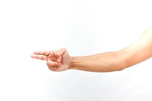 Arm and hand making a pointing gesture on an isolated white background photo