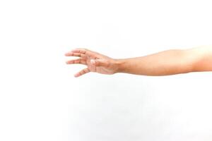 A hand extending against a plain white background ready to grab photo