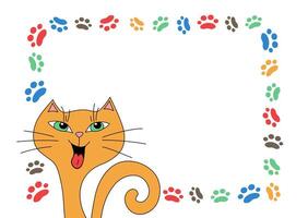 Cartoon funny ginger cat and tracks, paw prints. Frame, banner. Pet, kitten. Funny laughing cat. Postcard design, flyer design. Place for text. vector