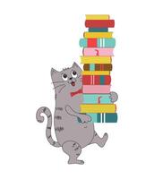 Cartoon cat with a big stack of books. Knowledge Day, study, school. World Book Day, Copyright. Reading, literacy concepts. vector