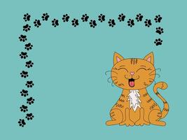Frame, border with pet, kitten. Cartoon funny cat, footprints, paw prints. Place for text, postcard design, information banner. Funny laughing cat, doodle illustration, isolated background. vector