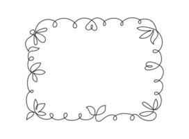 Abstract plant ornament line art. Simple frame, border. Flowers, leaves, hearts, spirals, lines, curls. One line drawing. Banner, place for text. White isolated background. vector