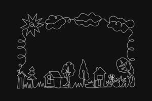 Frame, border. Houses, drawn one line.Trees, sun, clouds. Outline, monochrome illustration on isolated background with place for text. vector