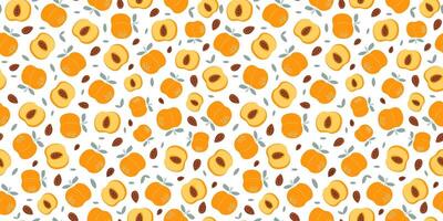 Peach, apricot slices and whole fruits. Seamless pattern with simple abstract fruits with leaves and pits. Vitamin natural vegetarian food, garden harvest. Colored repeating background. vector
