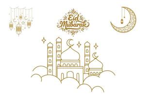 Eid Mubarak Greeting Card and Wishes with Beautiful Floral Moon and Masjid for Promotional Advertise. vector