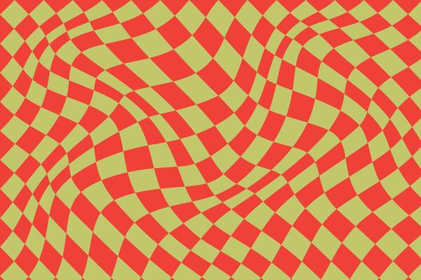 simple abstract light olive color square grid line wavy pattern on orange color background wavy pattern in retro colors distorted wavy checkered pattern with red and yellow optical illusion effect