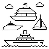a line drawing of a boat, a sailboat and a ship vector