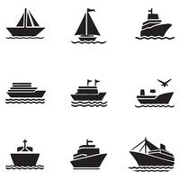 a set of black icons depicting various types of ships vector