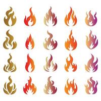 Set of fire icons and flames with orange, yellow, and red colors representing heat, danger, and power in a burning design vector