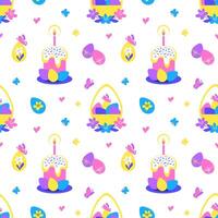 Easter seamless pattern with Easter cake and basket of colorful eggs on white background vector