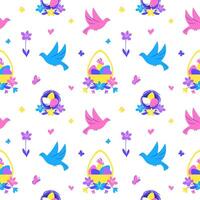 Easter seamless pattern with basket of eggs, birds and flowers on white background vector
