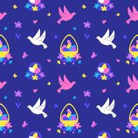 Easter seamless pattern with basket of eggs, birds and flowers on dark blue background vector