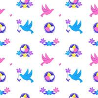 Easter seamless pattern with birds and nest full of eggs on white background, vector