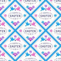 Happy Easter seamless pattern with birds and flowers on white background, vector