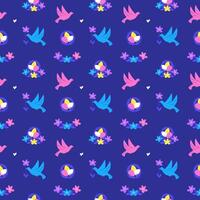 Easter seamless pattern with birds and nest full of colorful eggs on dark blue background, vector