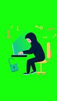Hacker With Laptop Computer Stealing Passwords And Breaking In Confidential Data Vertical Greenscreen Background 2D Cartoon Animation video