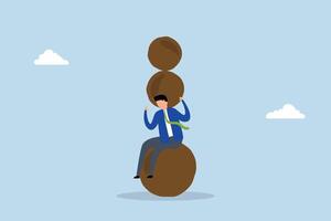 Burden, businessman thinking with heavy burden boulder rock. vector