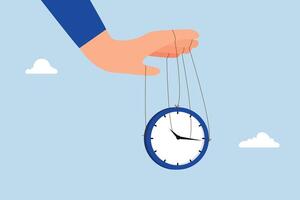 Control time, entrepreneur manipulates time using a clock puppet. vector